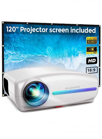 LED Projector 4K 5500 Lumens 10 Watts Stereo Speaker with 120-Inch Projector Screen PROJ-WO-19-W_SCR-04 White