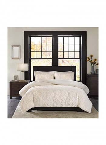 3-Piece Faux Fur Plush Comforter Set Polyester Ivory Queen