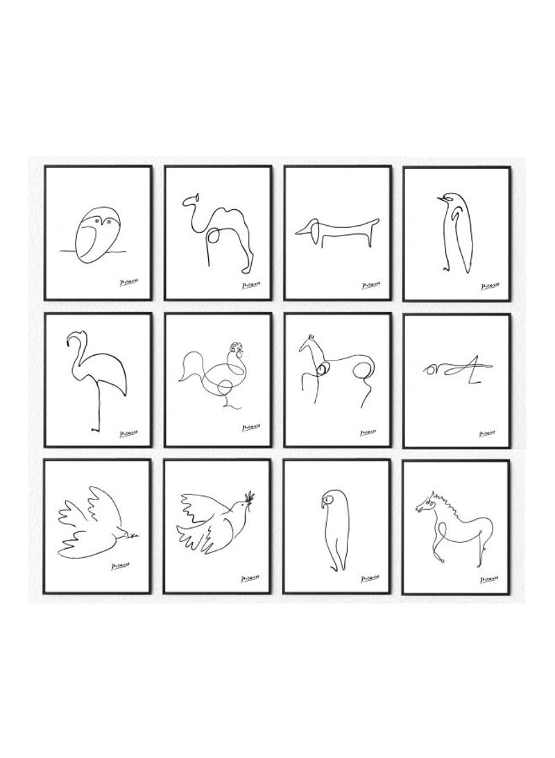 12-Piece Picasso Animal Line Drawing Themed Framed Poster Set White/Black 21x30cm