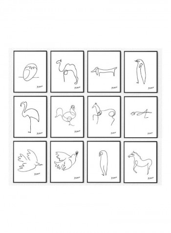 12-Piece Picasso Animal Line Drawing Themed Framed Poster Set White/Black 21x30cm