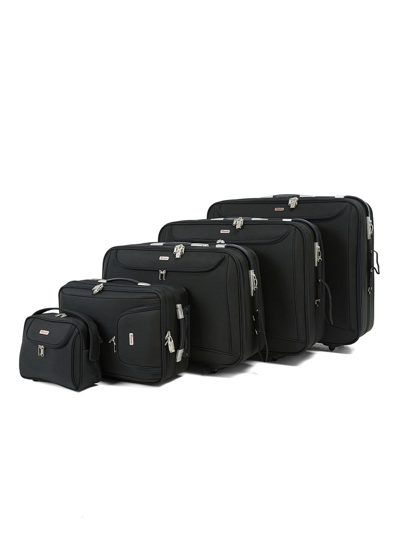 Softside 5 Piece Luggage Trolley Set (1 Handbag/1 Cabin Luggage Trolley/3 Check in Suitcases) Black