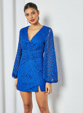 Button Front Lace Dress Blue