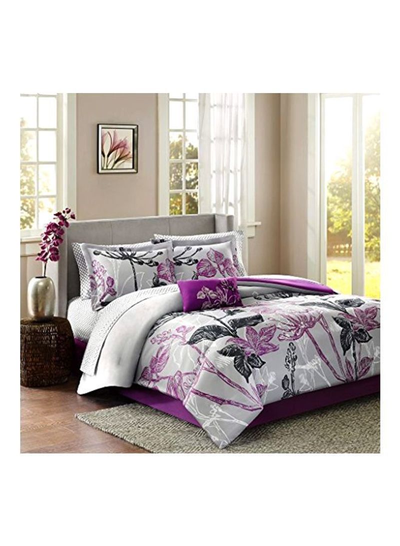 9-Piece Bed Sheet Set Polyester Purple/Grey Queen