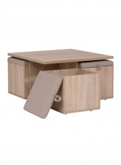 Mason Coffee Table With 4-Storage Stools Beige 80 x 45 x 80centimeter