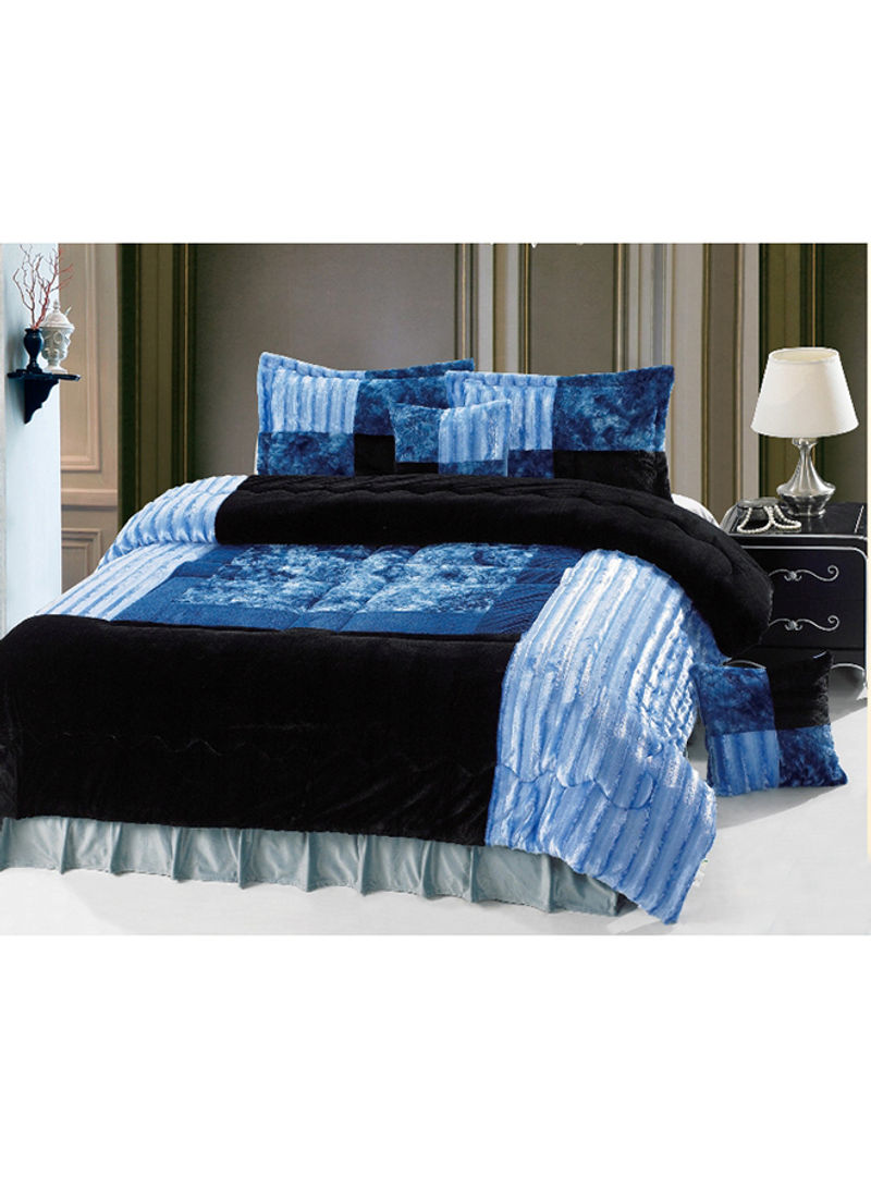 6-Piece Velour Comforter Set Velvet Blue/Black King