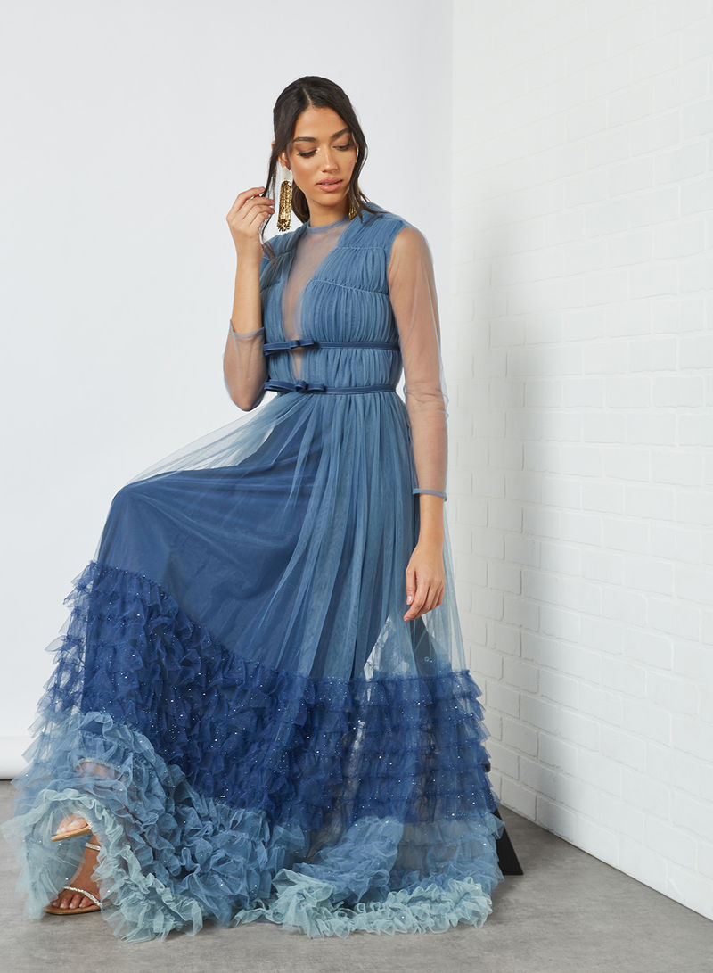 Ombre Layered Mesh Dress Blue
