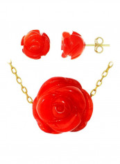 3-Piece 18 Karat Gold Coral Rose Carved Necklace And Earrings Set