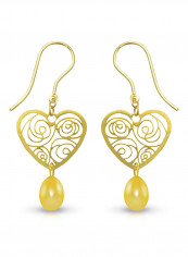 18 Karat Solid Yellow Gold Heart With 7 mm Drop Pearl Earrings