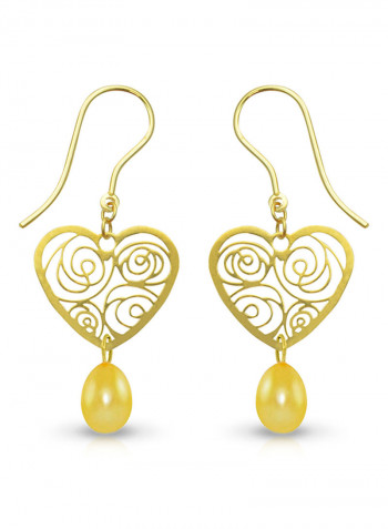 18 Karat Solid Yellow Gold Heart With 7 mm Drop Pearl Earrings