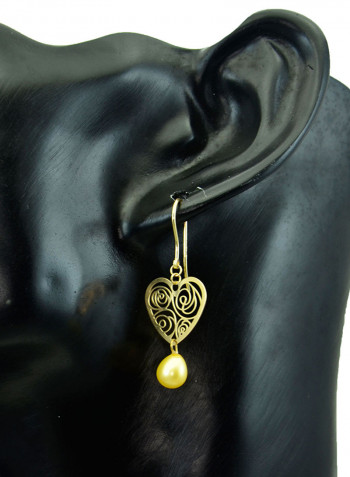 18 Karat Solid Yellow Gold Heart With 7 mm Drop Pearl Earrings