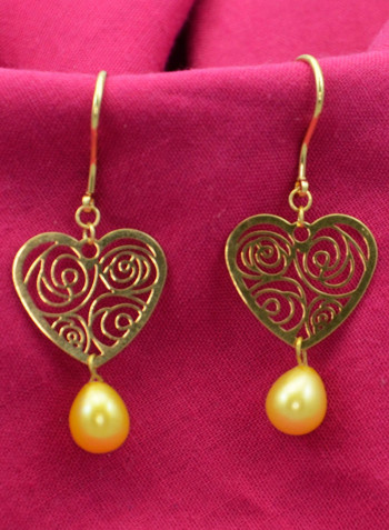 18 Karat Solid Yellow Gold Heart With 7 mm Drop Pearl Earrings