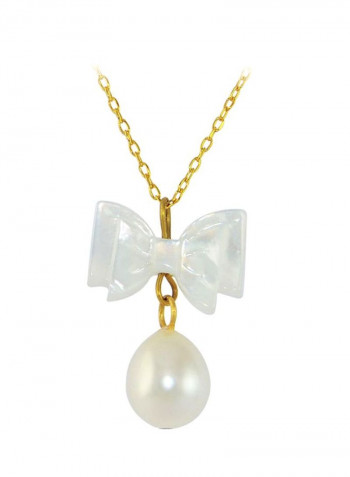 10K Gold Pearl And Bow Mother Of Pearl Necklace