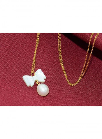 10K Gold Pearl And Bow Mother Of Pearl Necklace