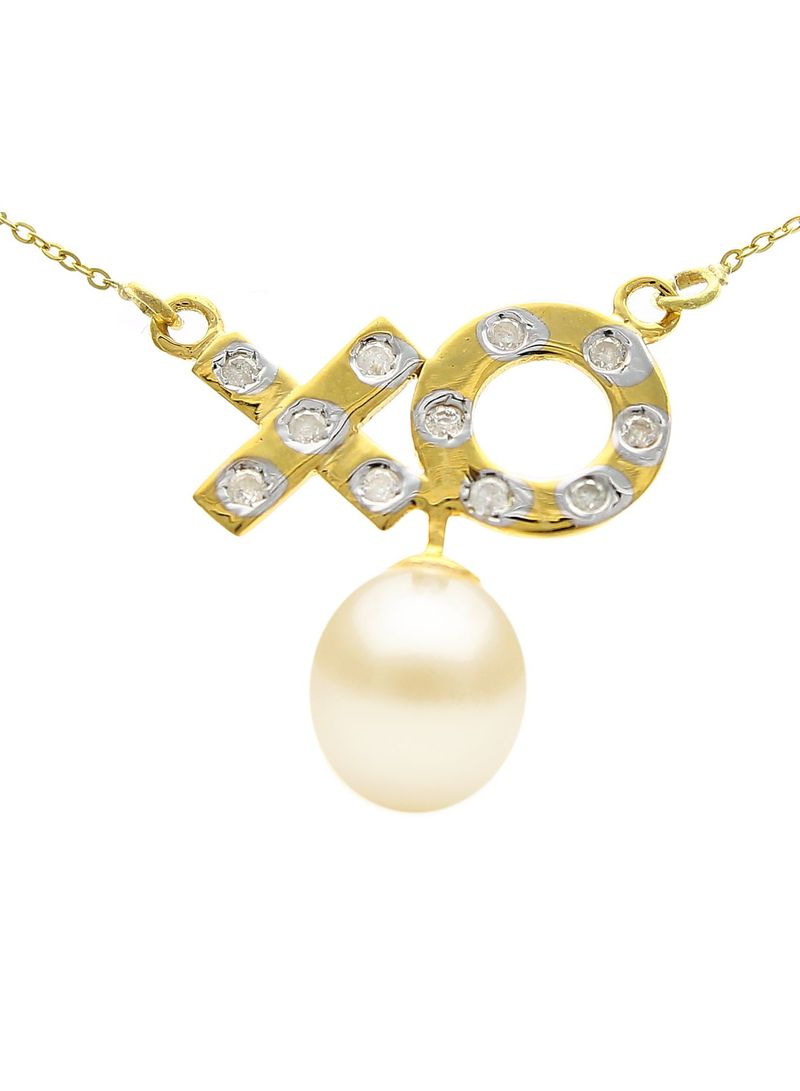 10k Solid Gold And 0.11cts Diamonds XO Necklace with 7mm Genuine Pearl
