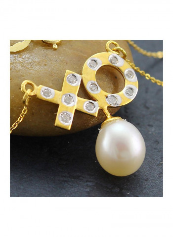 10k Solid Gold And 0.11cts Diamonds XO Necklace with 7mm Genuine Pearl