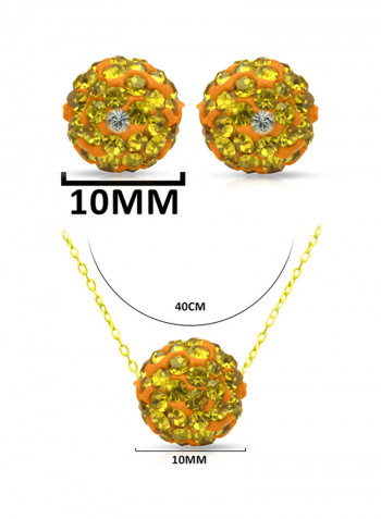 18 Karat Solid Yellow Gold Simple 10 mm Crystal Ball Earrings With Pendant Necklace