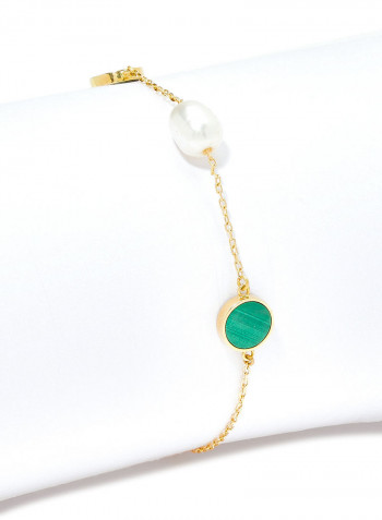 18 Karat Gold Malachite And Pearl Three Stone Bracelet