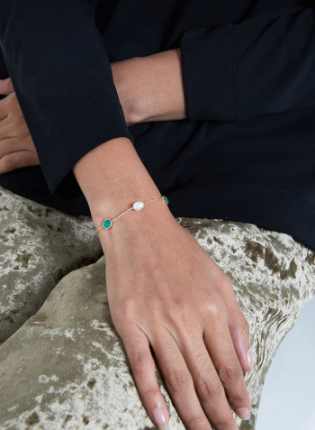 18 Karat Gold Malachite And Pearl Three Stone Bracelet