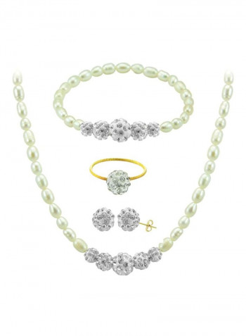 18 Karat Gold Gradual Crystal Balls And Pearls Strand Jewellery Set