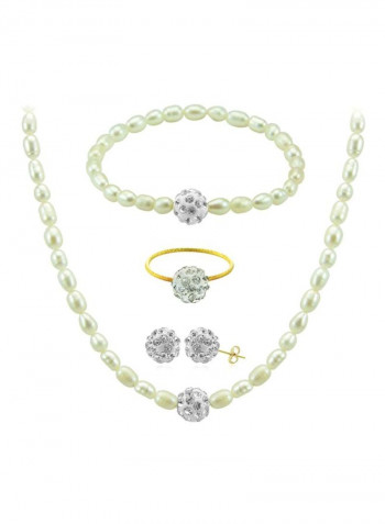 18K  Gold Crystal Balls And Pearls Strand Jewellery Set