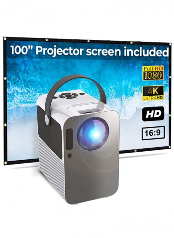 Portable LED Android Projector 4K 3500 Lumens 10W Speaker with 100-Inch Projector Screen PROJ-WO-26-W_SCR-03 White