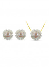 Set of 2 18 Karat Gold Mother Of Pearl Flower Design With Pearl Necklace and Earrings