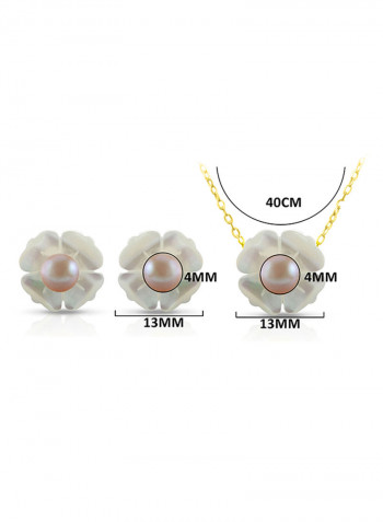 Set of 2 18 Karat Gold Mother Of Pearl Flower Design With Pearl Necklace and Earrings