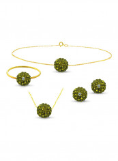18 Karat Solid Yellow Gold Simple 10 mm Crystal Ball Earrings With Pendant Necklace, Bracelet And Ring