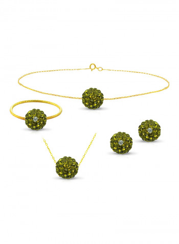 18 Karat Solid Yellow Gold Simple 10 mm Crystal Ball Earrings With Pendant Necklace, Bracelet And Ring
