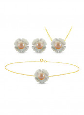 Set of 3 18 Karat Gold Mother Of Pearl Flower Design With Pearl Necklace, Bracelet and Earrings