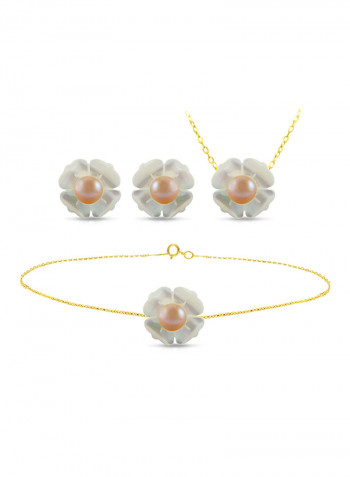 Set of 3 18 Karat Gold Mother Of Pearl Flower Design With Pearl Necklace, Bracelet and Earrings