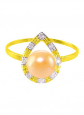 18 Karat Gold 0.08Ct Diamond And Pearl Studded Drop Ring