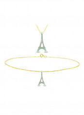 18 Karat Gold Eiffel Tower Shape Mother Of Pearl Pendant Necklace And Bracelet Set