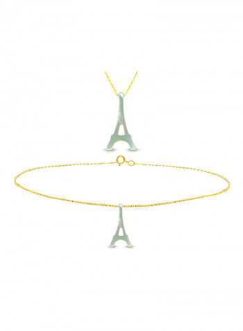 18 Karat Gold Eiffel Tower Shape Mother Of Pearl Pendant Necklace And Bracelet Set