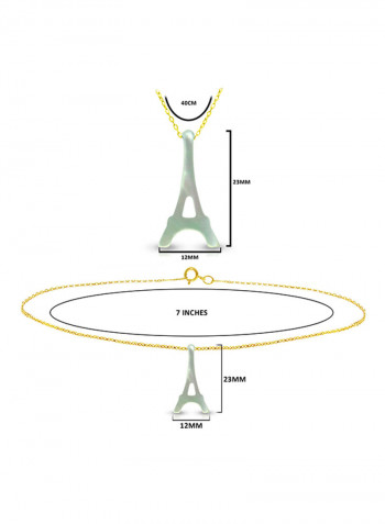 18 Karat Gold Eiffel Tower Shape Mother Of Pearl Pendant Necklace And Bracelet Set