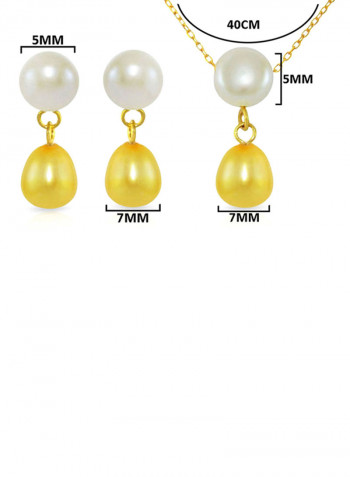 Set of 2 18 Karat Gold Button Pearl Drop Necklace and Earrings