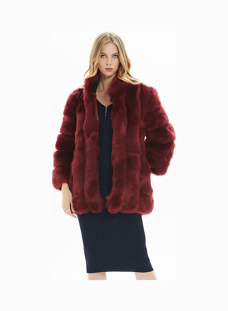 Long Sleeves Solid Coat Wine Red