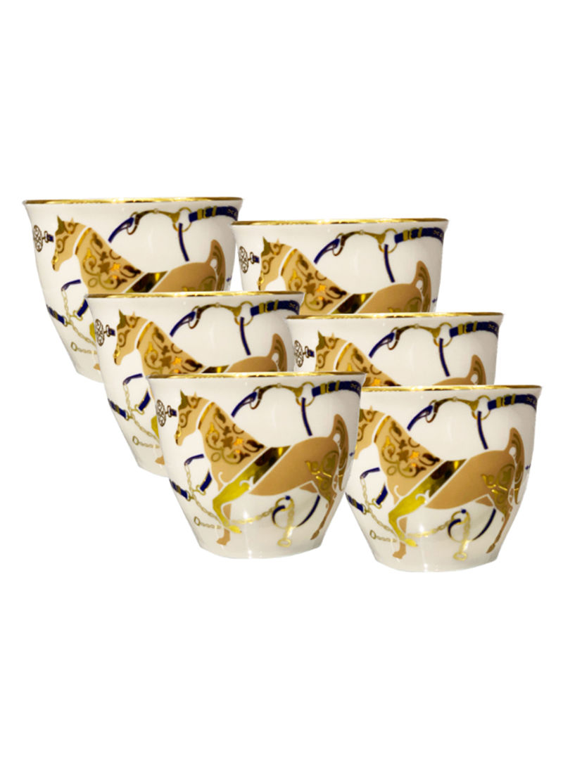 6-Piece Horse Printed Tea Cup Set Gold/White/Black 5.5cm
