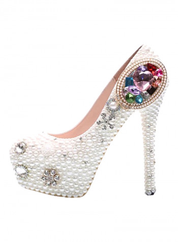 Crystal Embellished Platform Pumps White