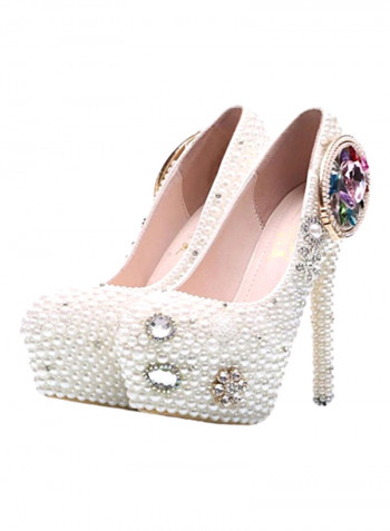 Crystal Embellished Platform Pumps White