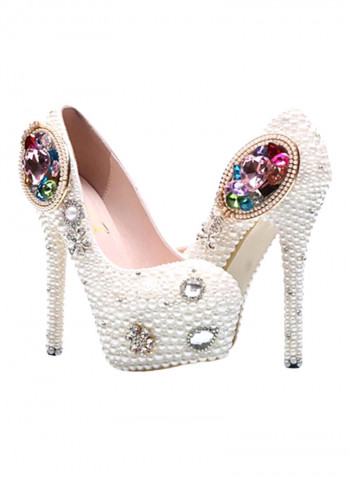 Crystal Embellished Platform Pumps White