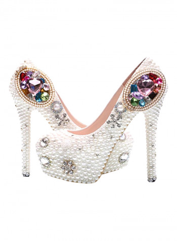 Crystal Embellished Platform Pumps White