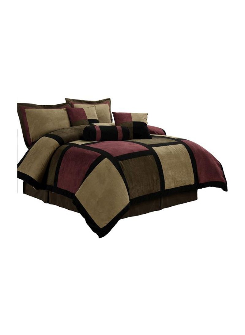 7-Piece Micro Suede Patchwork Comforter Set Polyester Brown/Burgundy/Black California King