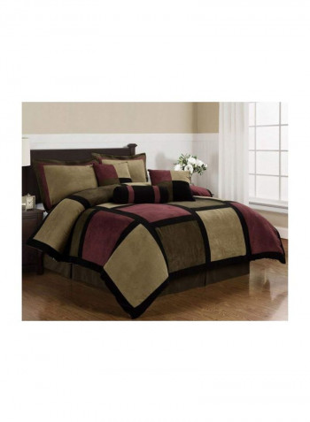 7-Piece Micro Suede Patchwork Comforter Set Polyester Brown/Burgundy/Black California King