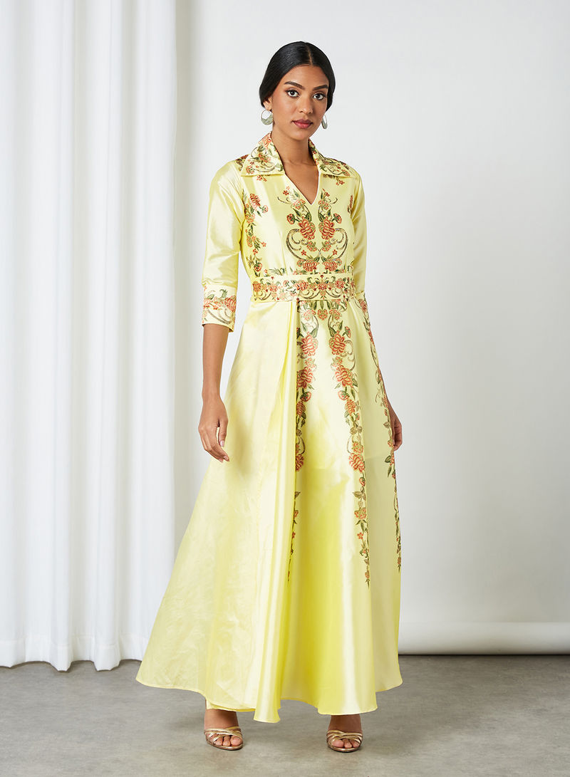 Belted Victorian Print Dress Yellow