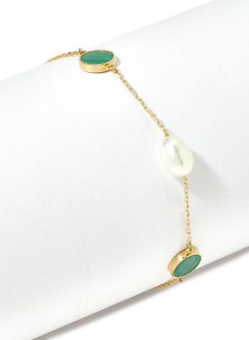 18 Karat Gold Malachite And Pearl Three Stone Bracelet