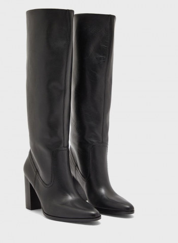 Solid Block Heel Knee Boots Black