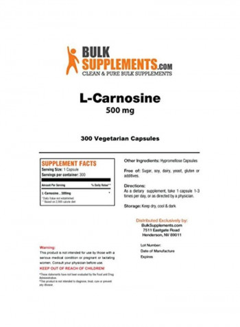 L-Carnosine Dietary Supplement (500mg) - 300 Vegetarian Capsules
