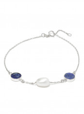 18 Karat White Gold Lapis Lazuli And Pearl Three Stone Bracelet