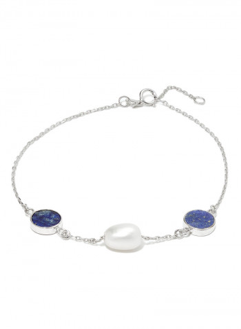 18 Karat White Gold Lapis Lazuli And Pearl Three Stone Bracelet